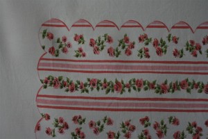 vintage pink ticking tablecloth closeup