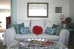 white couch with bright pillows