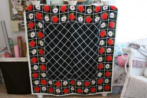 vintage tablecloth with black and white lattice