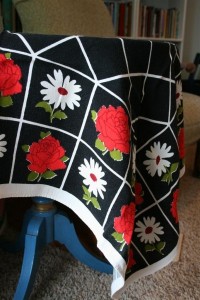 red, white and black vintage tablecloth