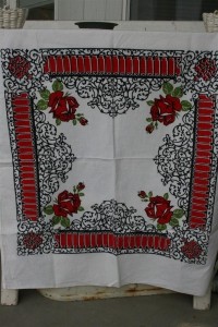 red black and white vintage tablecloth