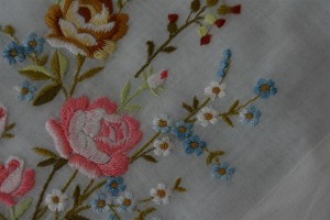 embroidered flowers on vintage handkerchief