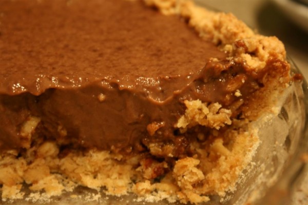 chocolate cream pie in pecan crust