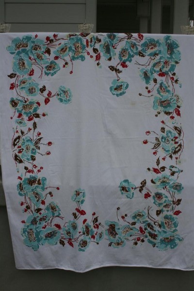 red and aqua vintage tablecloth