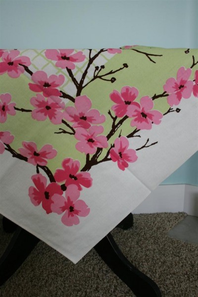 vintage tablecloth with pink blossoms