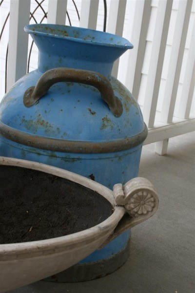 vintage blue milk jug and planter